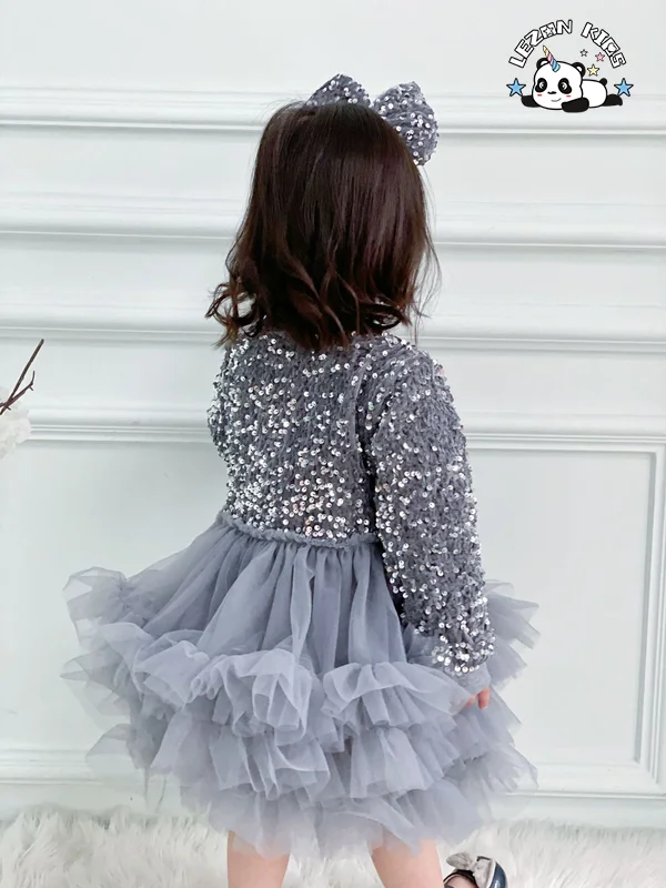 LEZONKIDS - Custom Comfortable Long Sleeve Red Velvet Girl Princess Dress Sequin Tulle Dress for Girls
